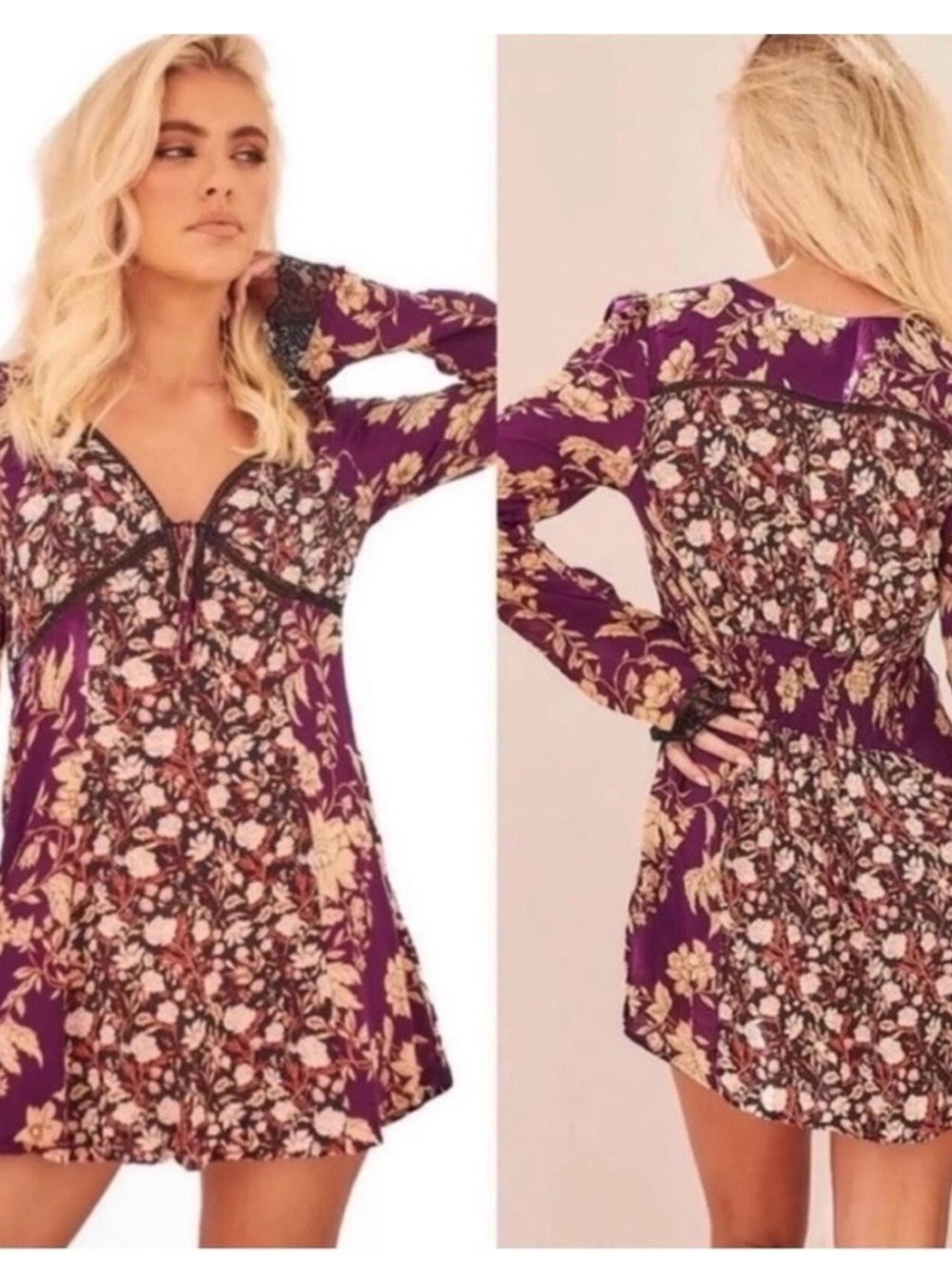 Free People Floral Lace-Trim V-Neck Dress/ Tunic ..Burgundy, cream,and black - Picture 9 of 10